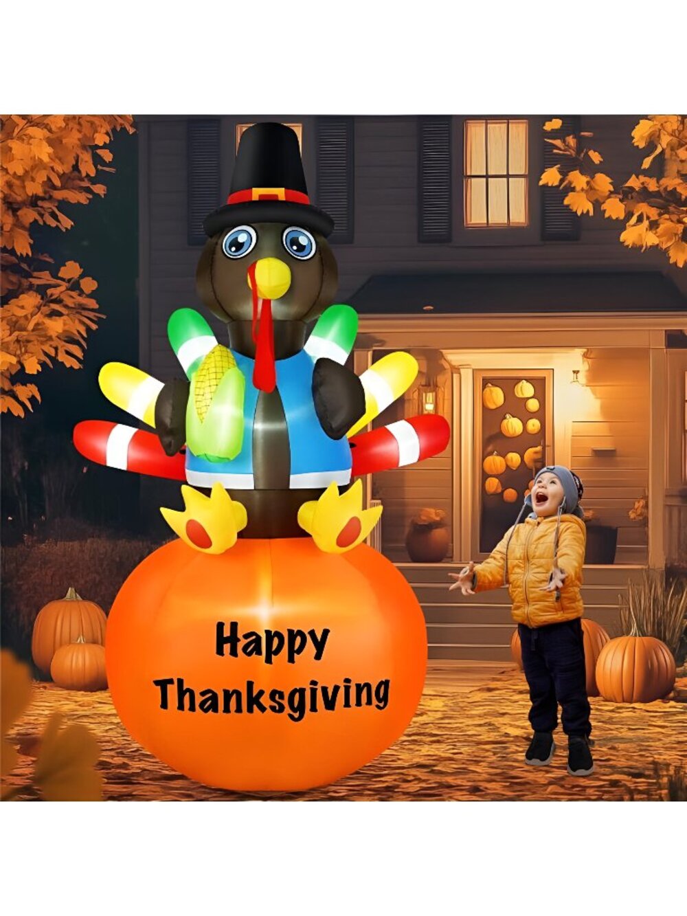 8FT Thanksgiving Inflatable Turkey Sitting on Pumpkin LED Yard Decoration
